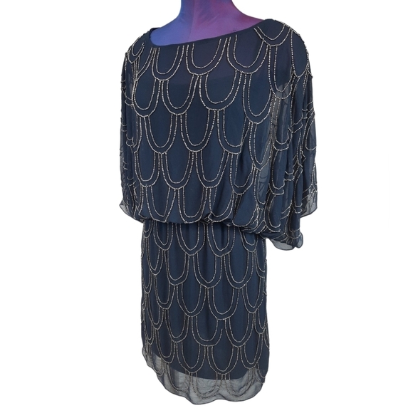 Cache Beaded Blouson Navy Chiffon Cocktail Dress Size 2‎ Women's - Picture 12 of 12